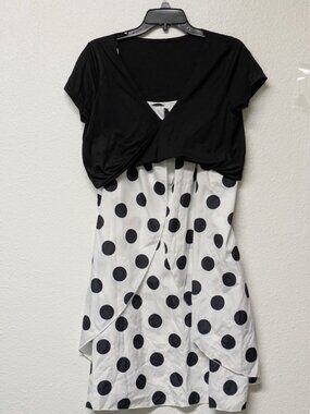 2in1 Retro Black & White Polka Dot Ruffled Flowy Dress with Cropped Twist Shrug